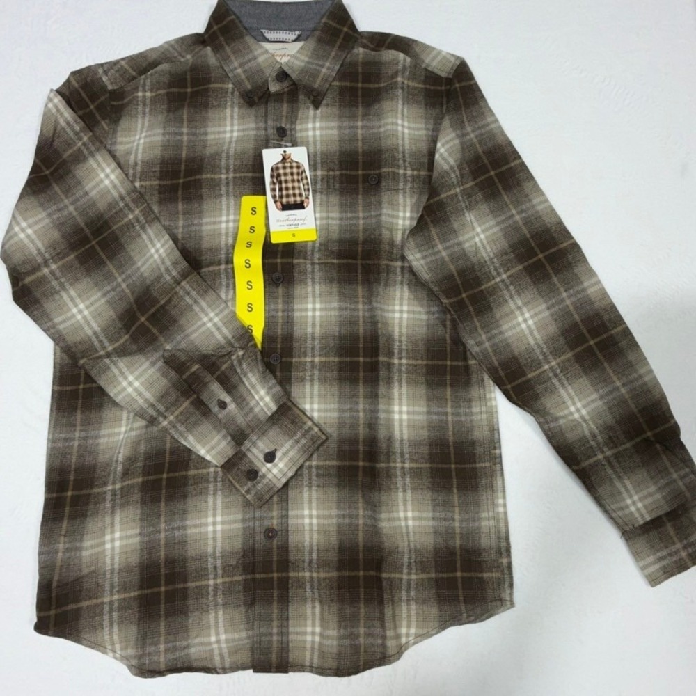 Weatherproof Vintage Mens Brown Plaid Flannel Button Down Shirt Small NWT
